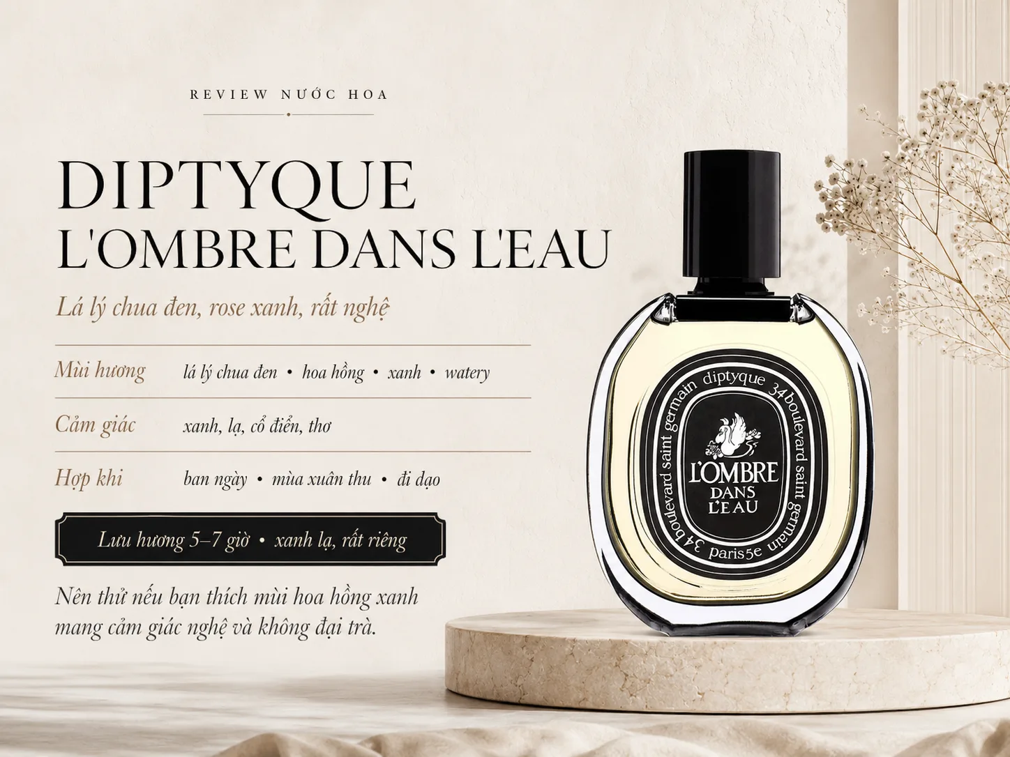Diptyque L'Ombre Dans L'Eau với lá lý chua đen và hoa hồng xanh độc đáo