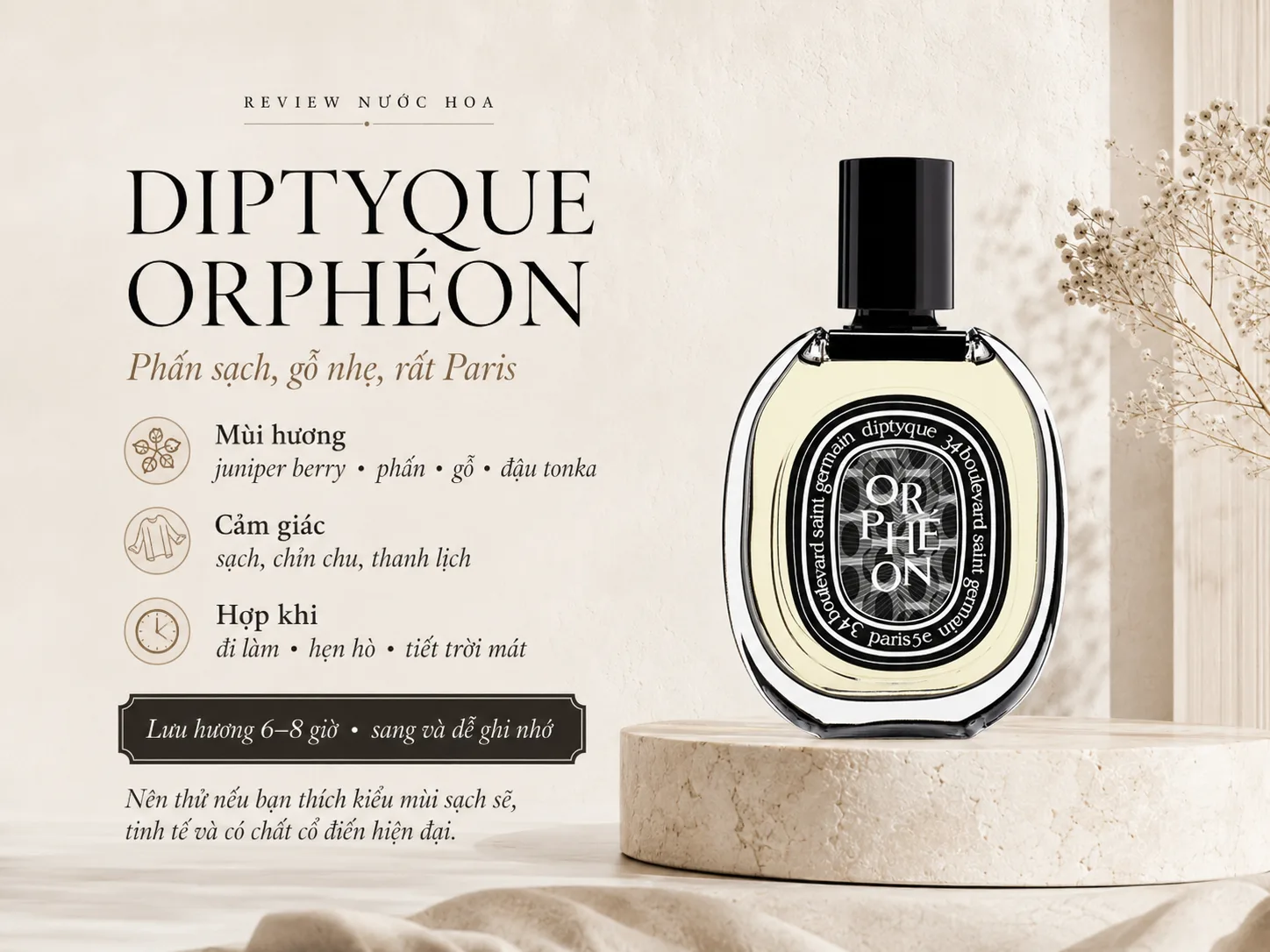Diptyque Orphéon với phong cách phấn sạch, gỗ nhẹ và thanh lịch kiểu Paris