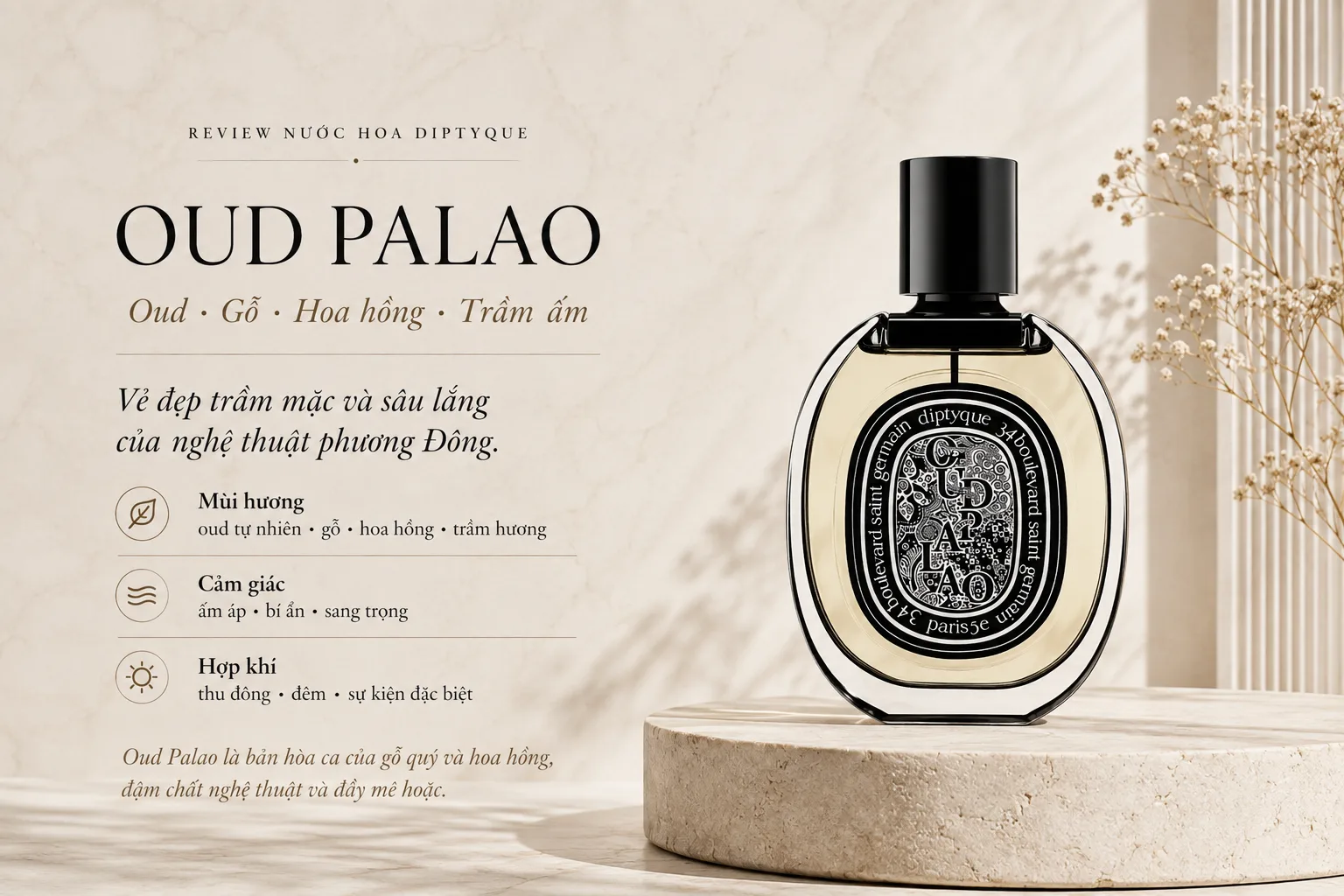 Diptyque Oud Palao với oud, gỗ, hoa hồng và phong cách trầm ấm sang trọng