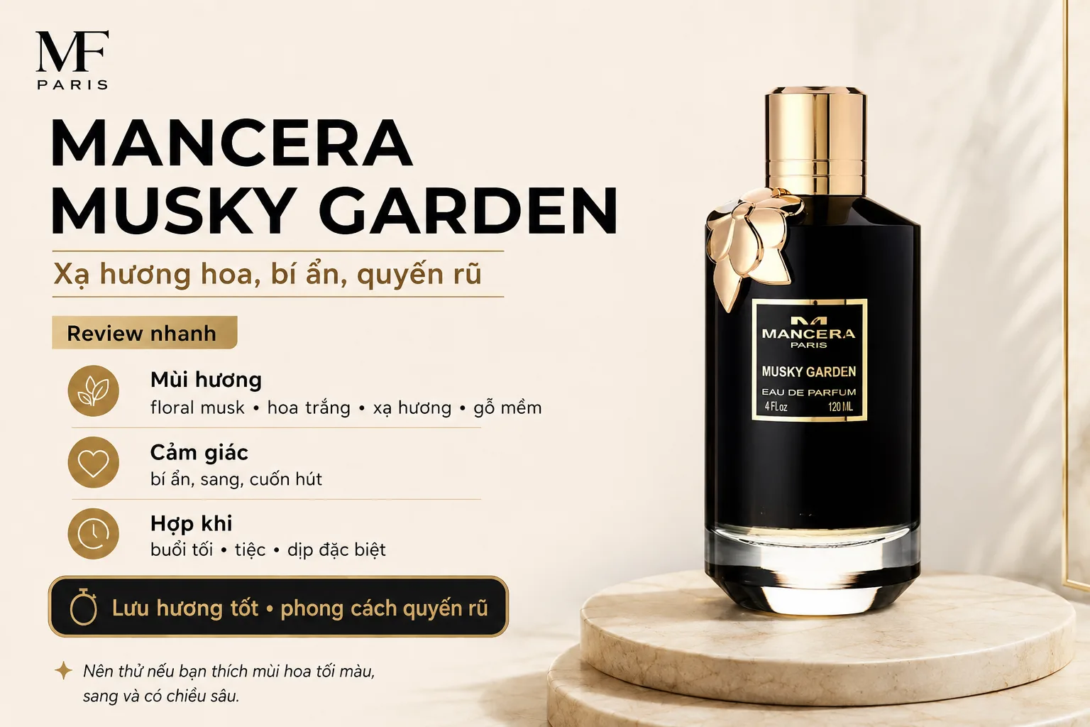 Mancera Musky Garden chai đen với hương hoa, xạ hương và phong cách quyến rũ