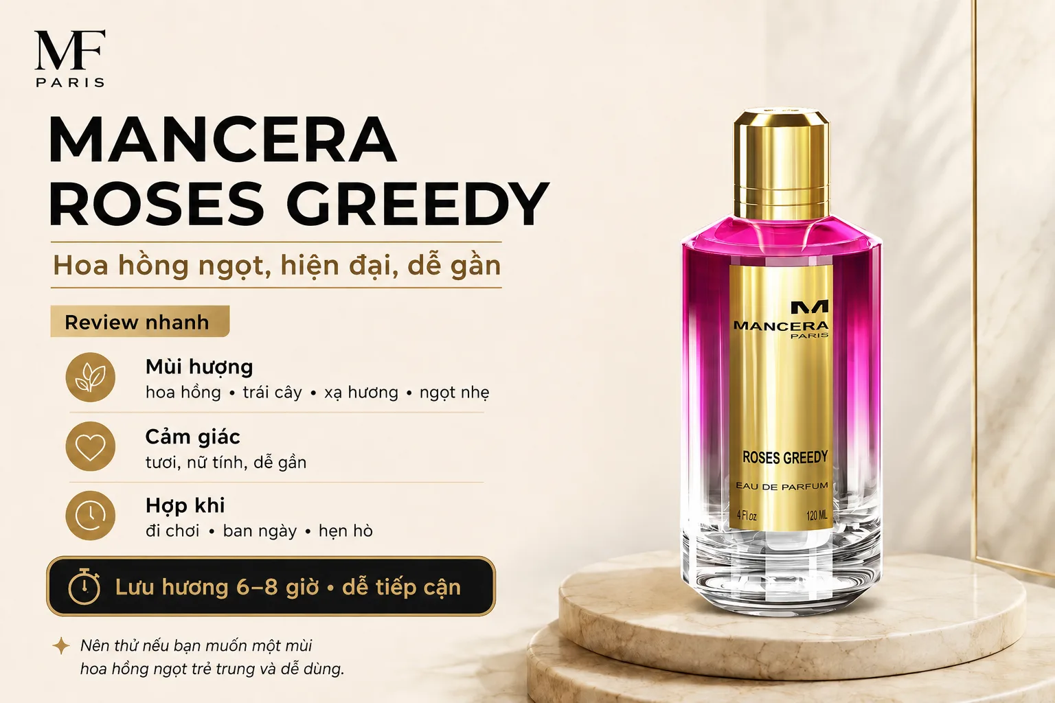 Mancera Roses Greedy màu hồng với hương hoa hồng, trái cây và xạ hương trẻ trung