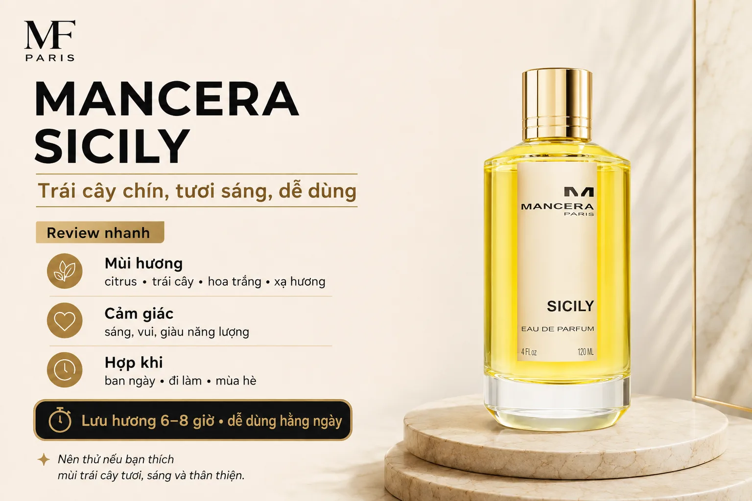 Mancera Sicily với hương citrus, trái cây và hoa trắng tươi sáng cho ngày nóng