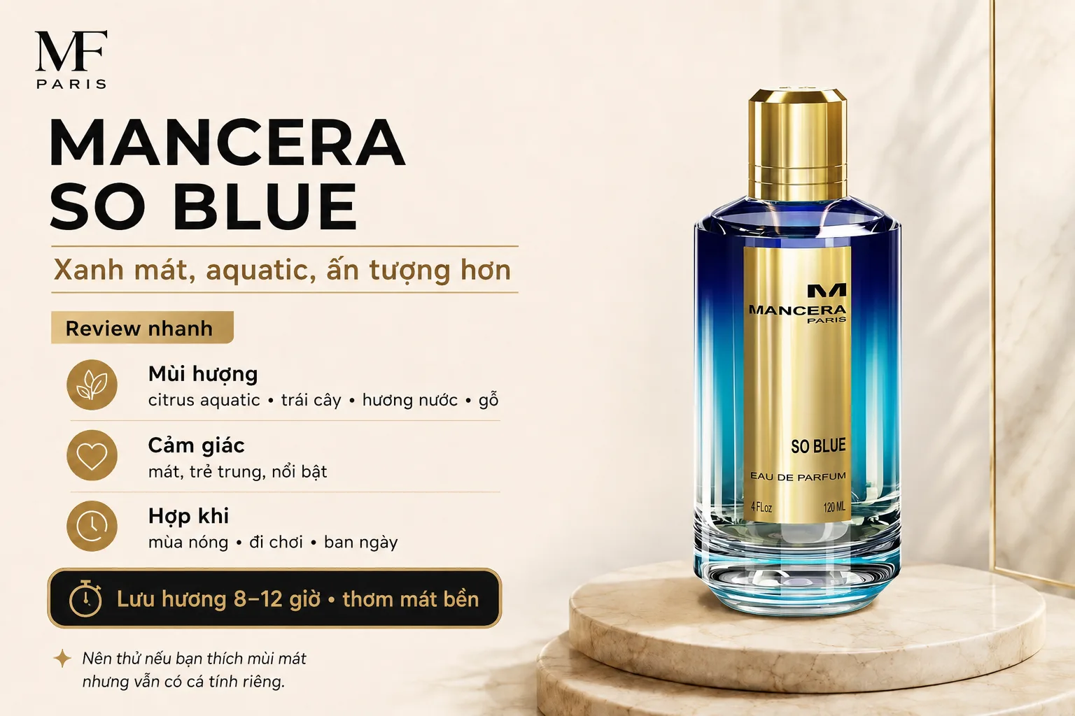Mancera So Blue màu xanh với hương trái cây, thủy sinh và gỗ tươi mát