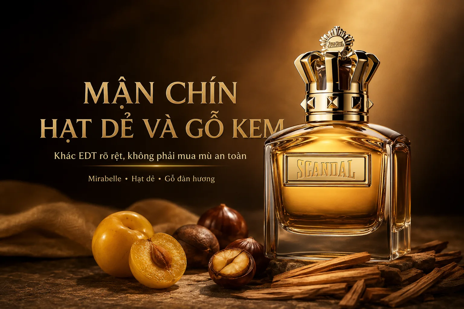 Scandal Pour Homme Absolu với mận Mirabelle, hạt dẻ và gỗ đàn hương