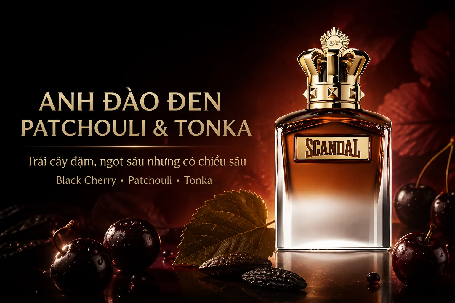 Scandal Pour Homme Elixir với anh đào đen, patchouli và đậu tonka