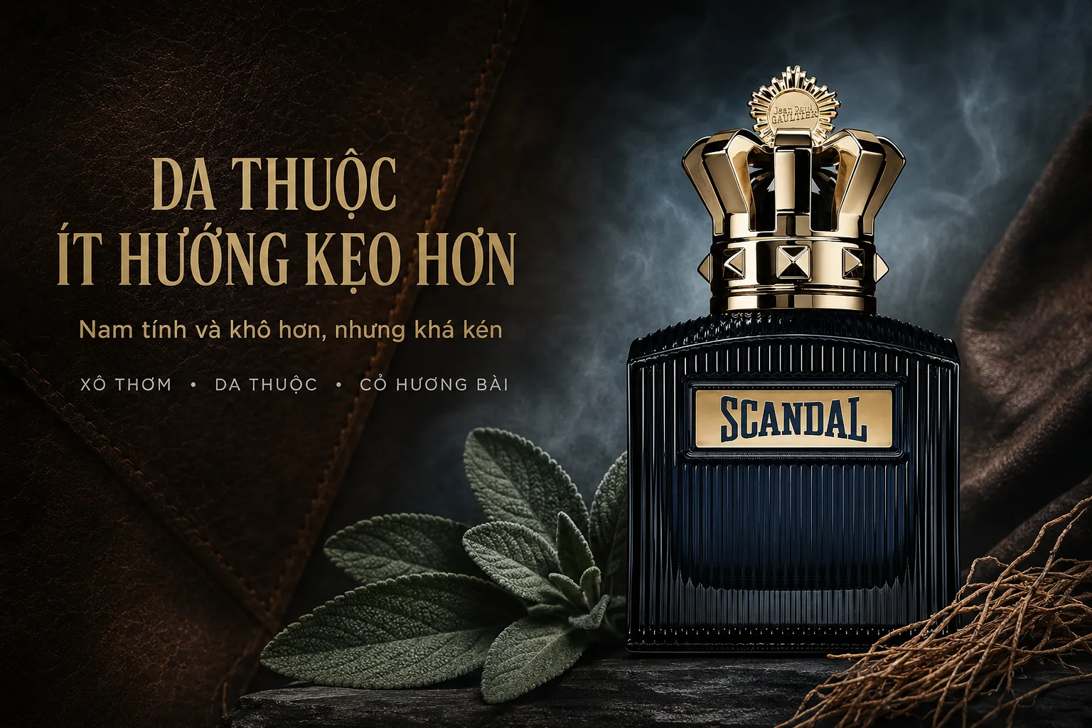 Scandal Pour Homme Intense với xô thơm, da thuộc và cỏ hương bài