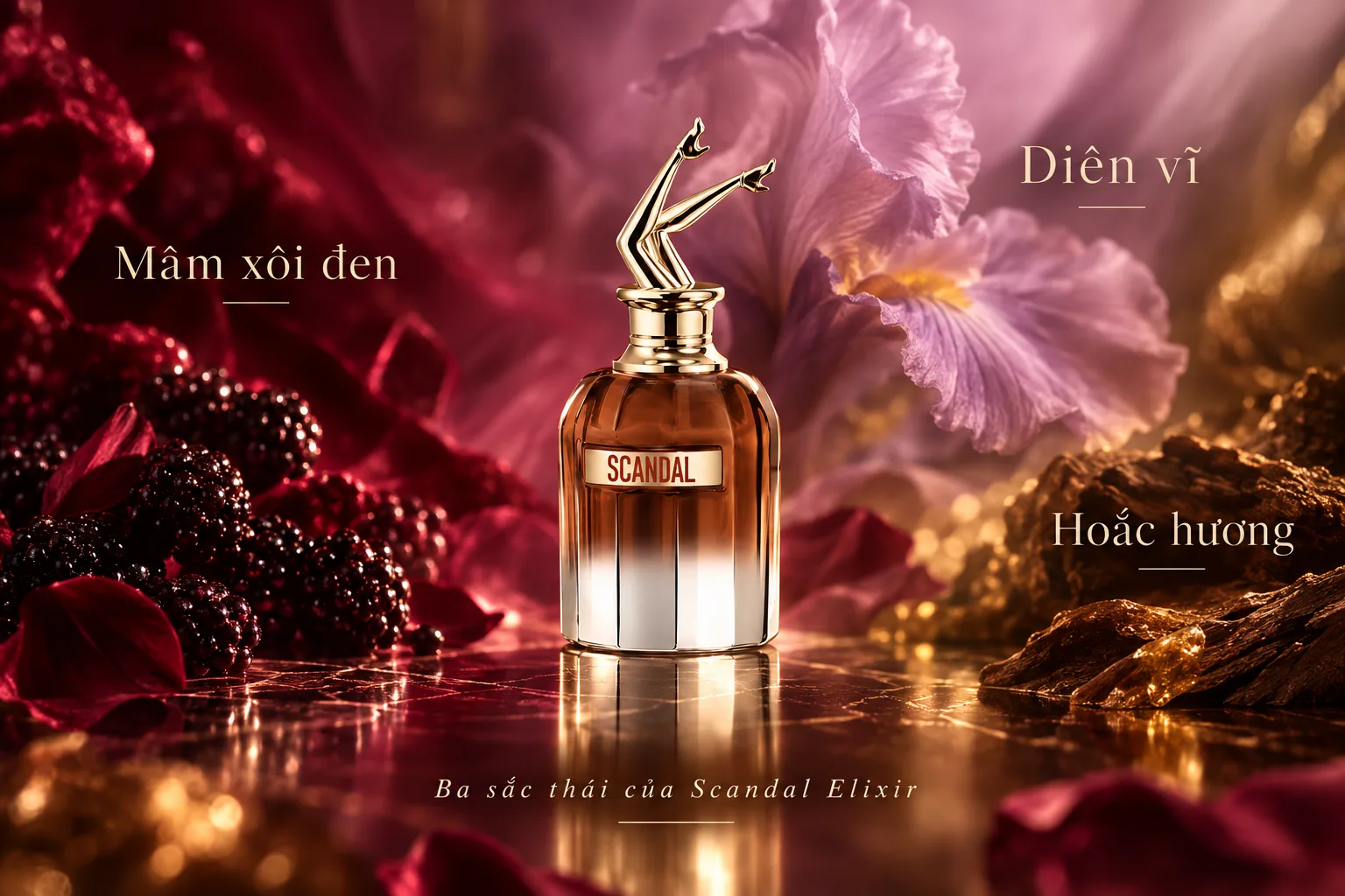 Ba nốt hương nổi bật của Scandal Elixir gồm mâm xôi đen, diên vĩ và hoắc hương. Ba nốt hương nổi bật của Scandal Elixir gồm mâm xôi đen, diên vĩ và hoắc hương.