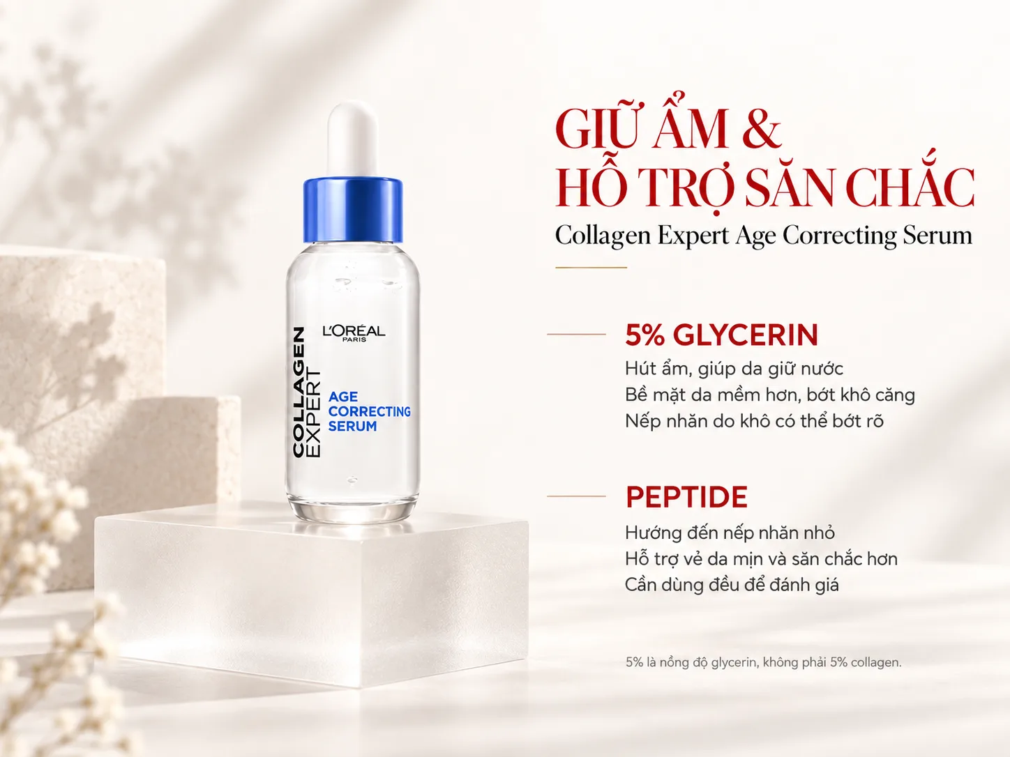 Serum L'Oréal Collagen Expert với thông tin 5% glycerin và peptide.