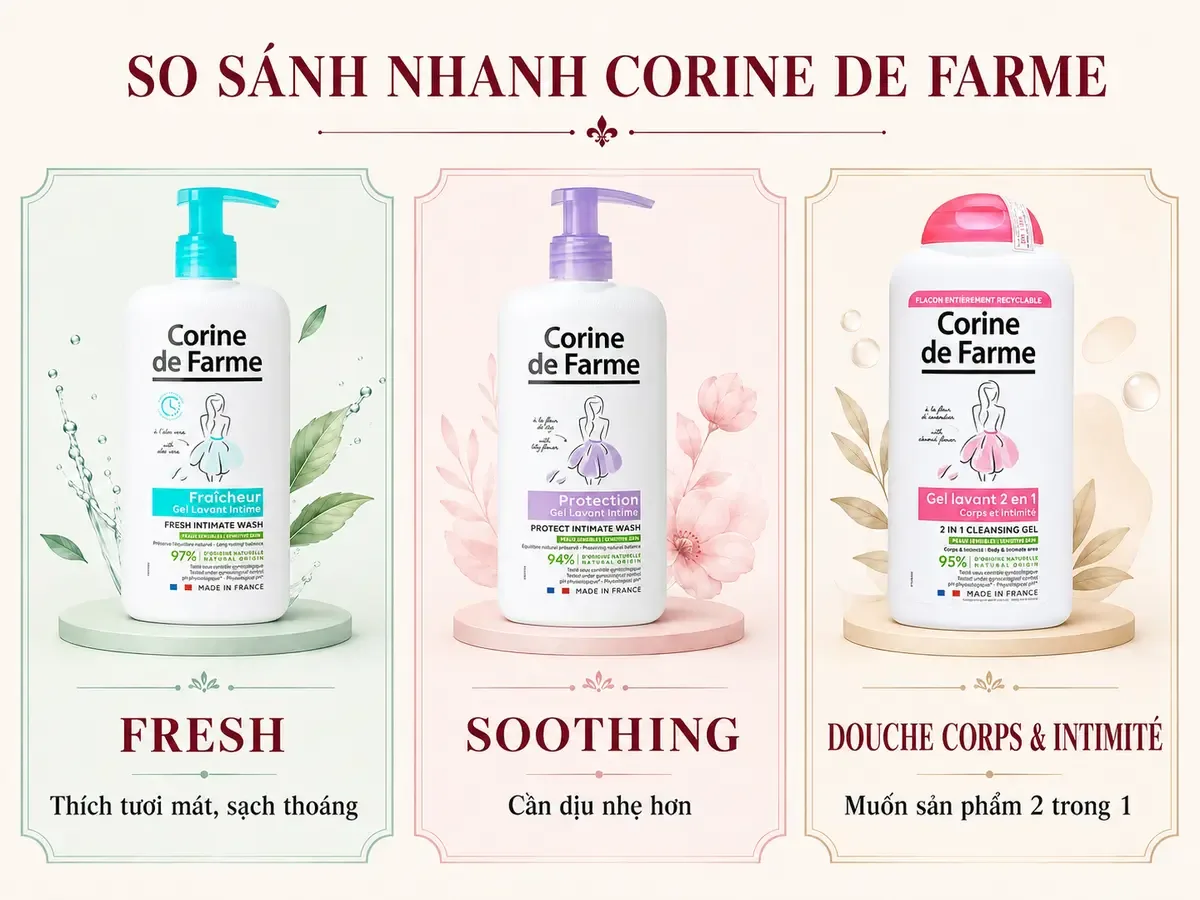 So sánh Corine de Farme Fresh Soothing và Douche Corps Intimité
