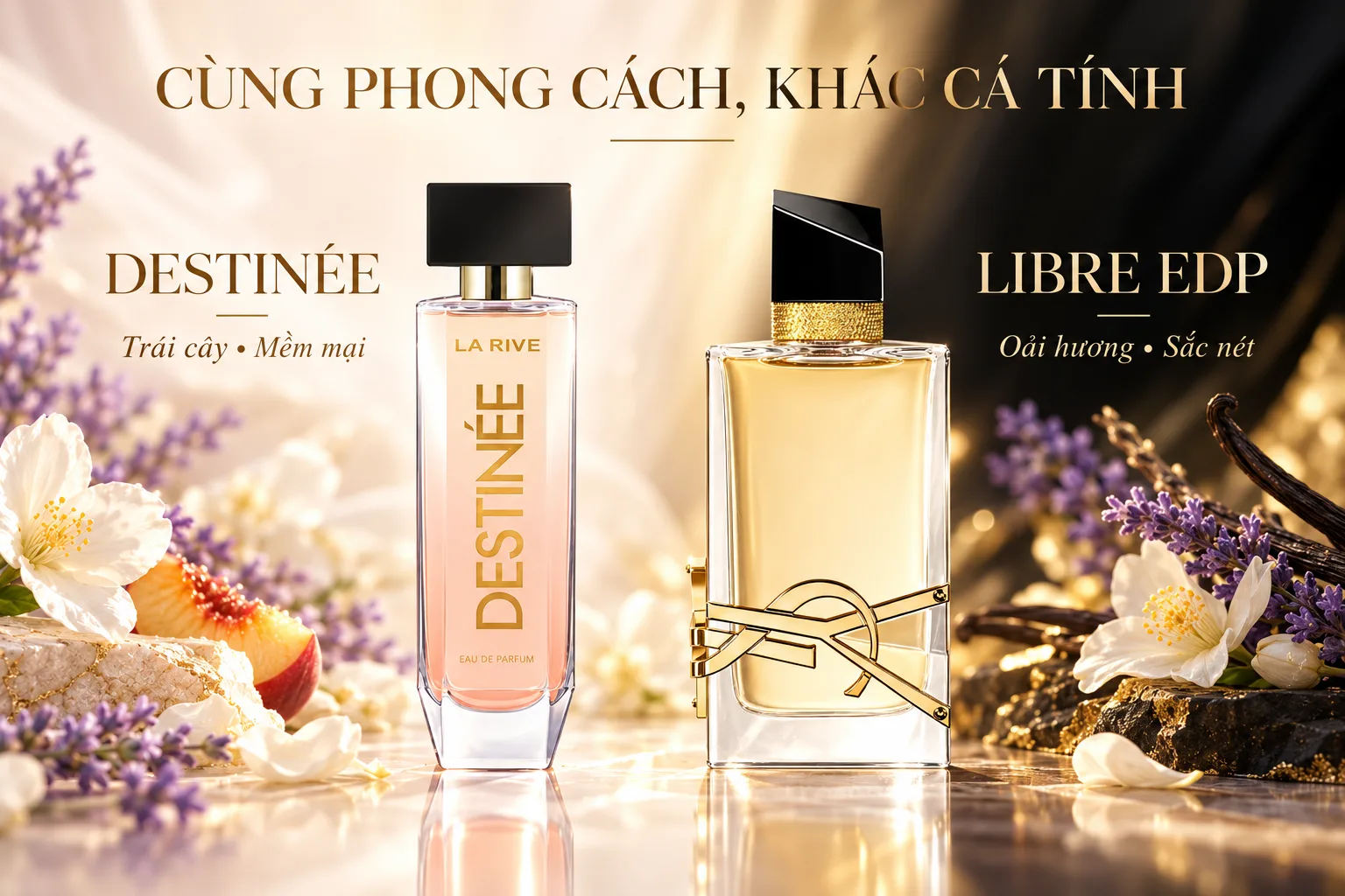 So sánh La Rive Destinée và YSL Libre Eau de Parfum với oải hương, hoa cam và vanilla