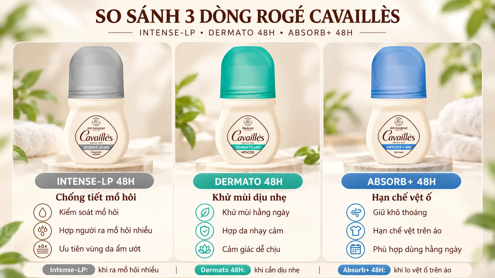 So sánh Roge Cavailles Absorb+ 48H, Dermato 48H và Intense-LP