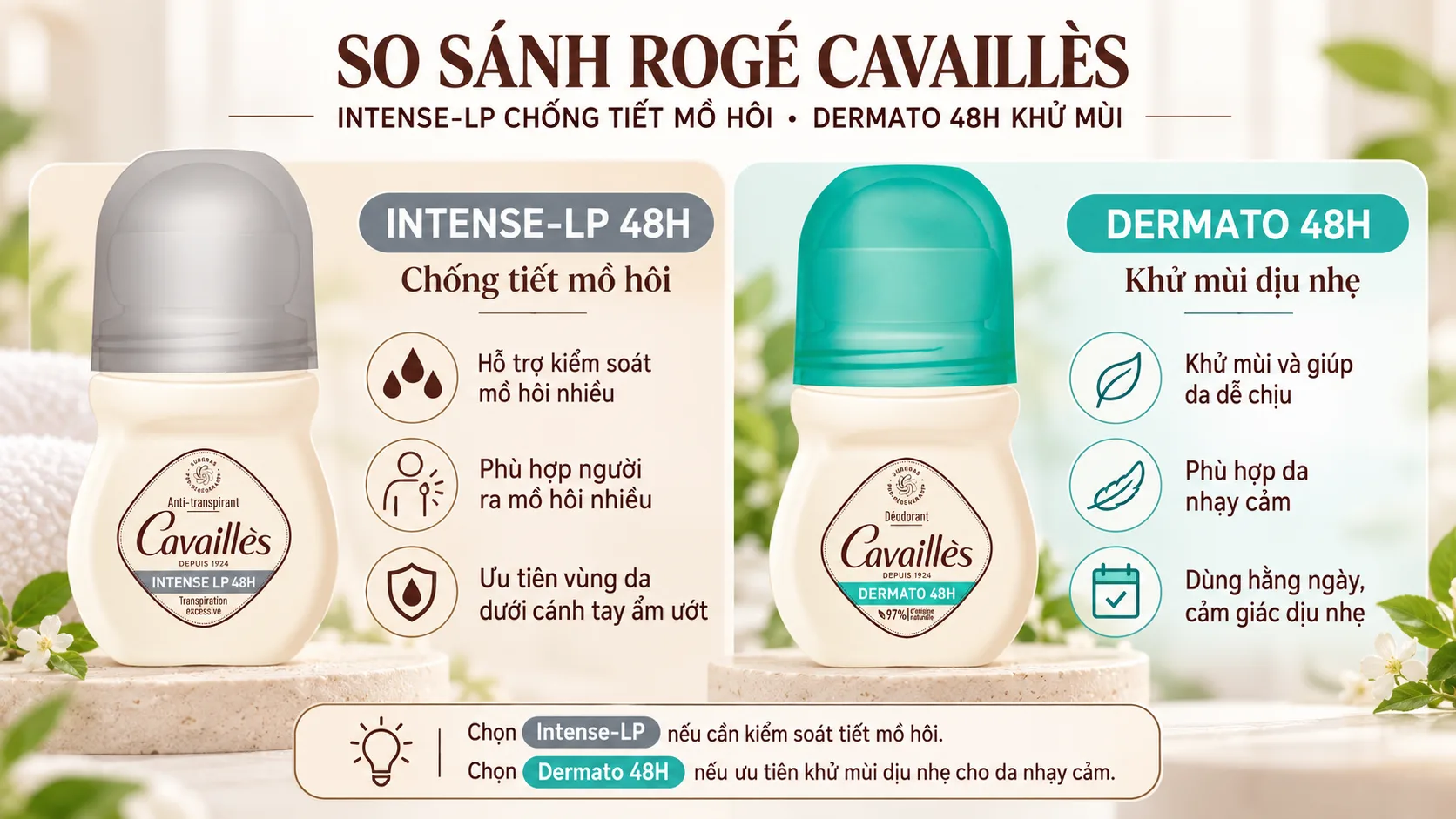 So sánh Roge Cavailles Intense-LP chống tiết mồ hôi và Dermato 48H khử mùi