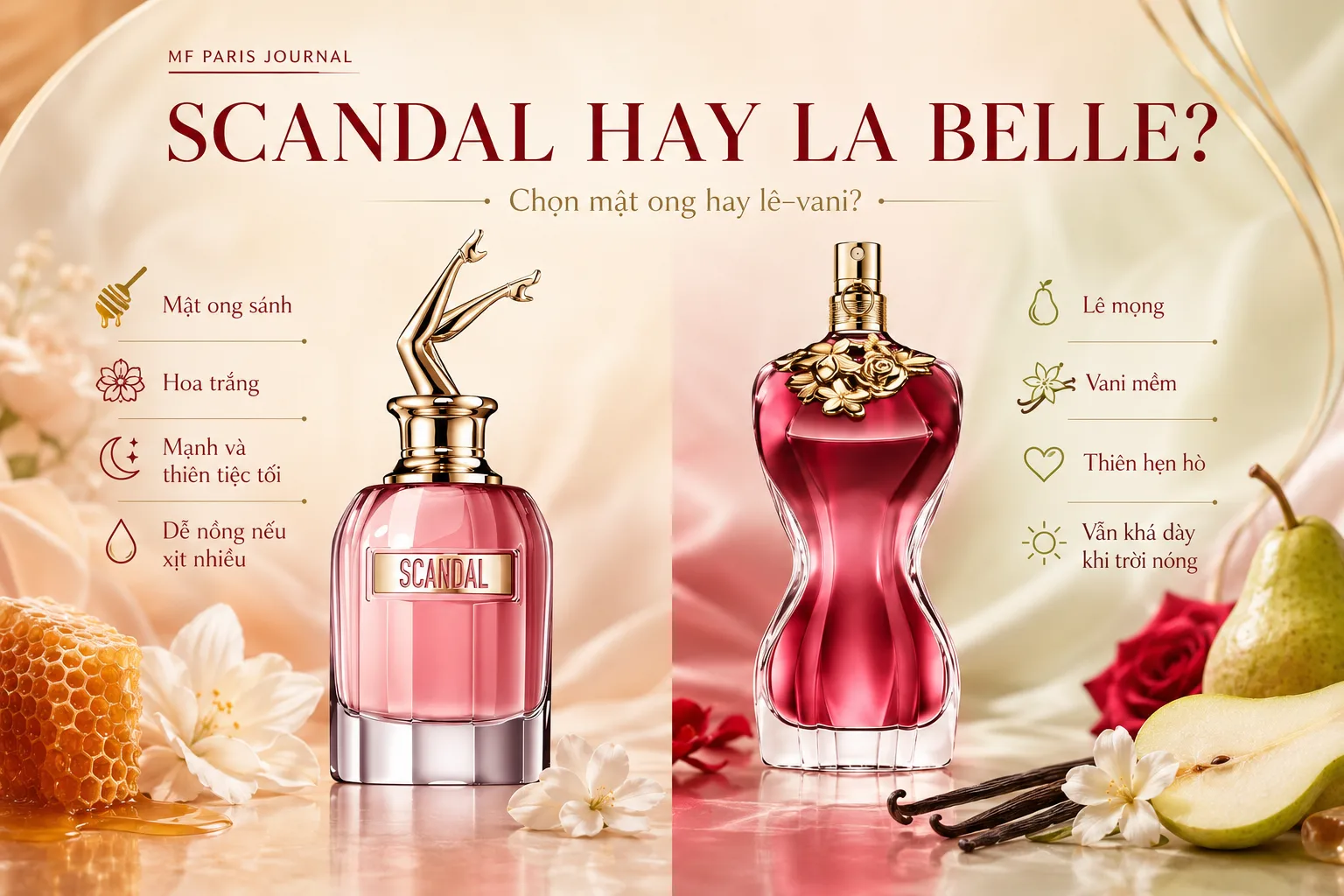 So sánh Scandal EDP mật ong và La Belle EDP lê vani