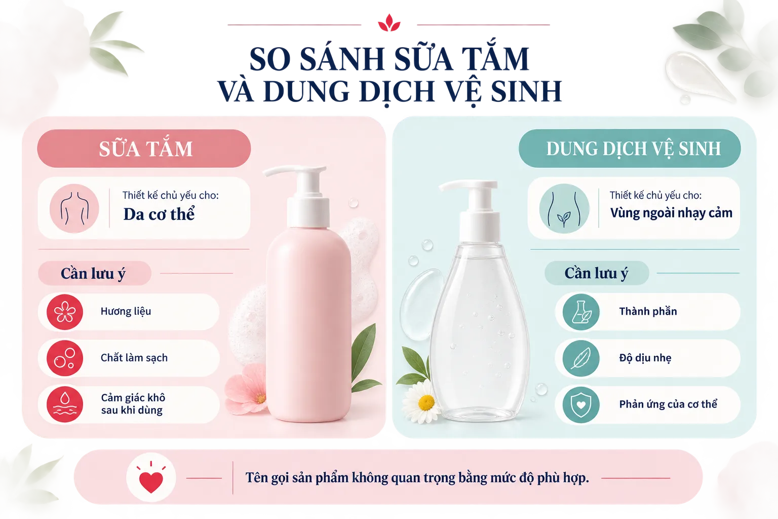 So sánh sữa tắm và dung dịch vệ sinh phụ nữ khi làm sạch vùng ngoài nhạy cảm