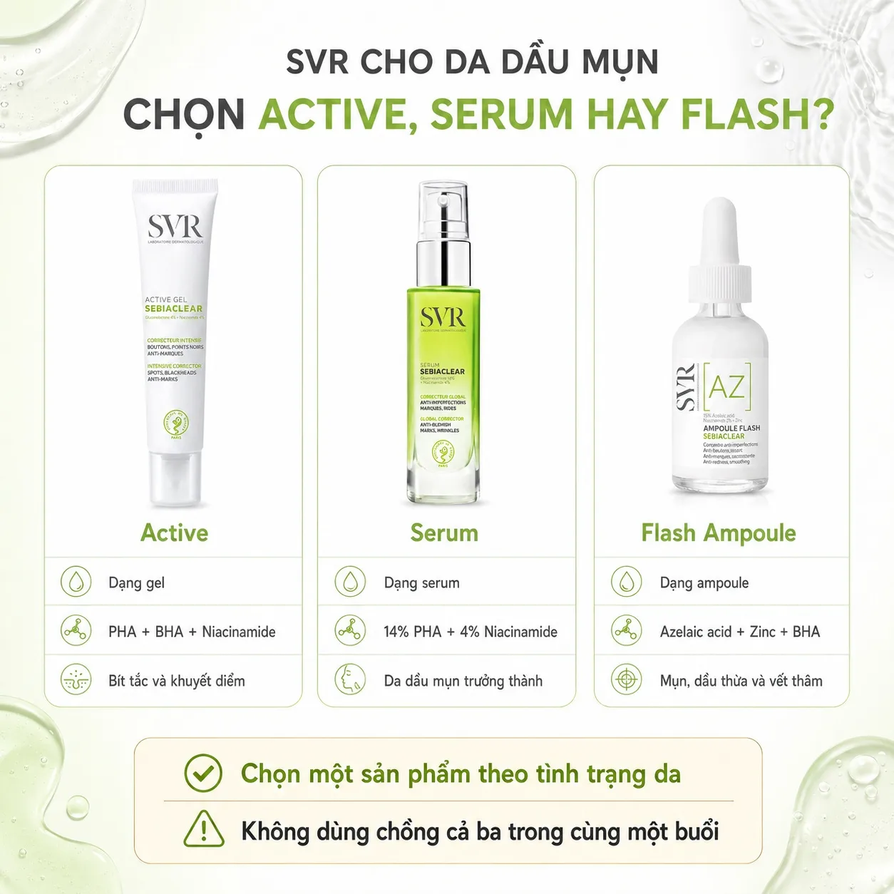 So sánh SVR Sebiaclear Active, Serum và Flash Ampoule cho da dầu mụn