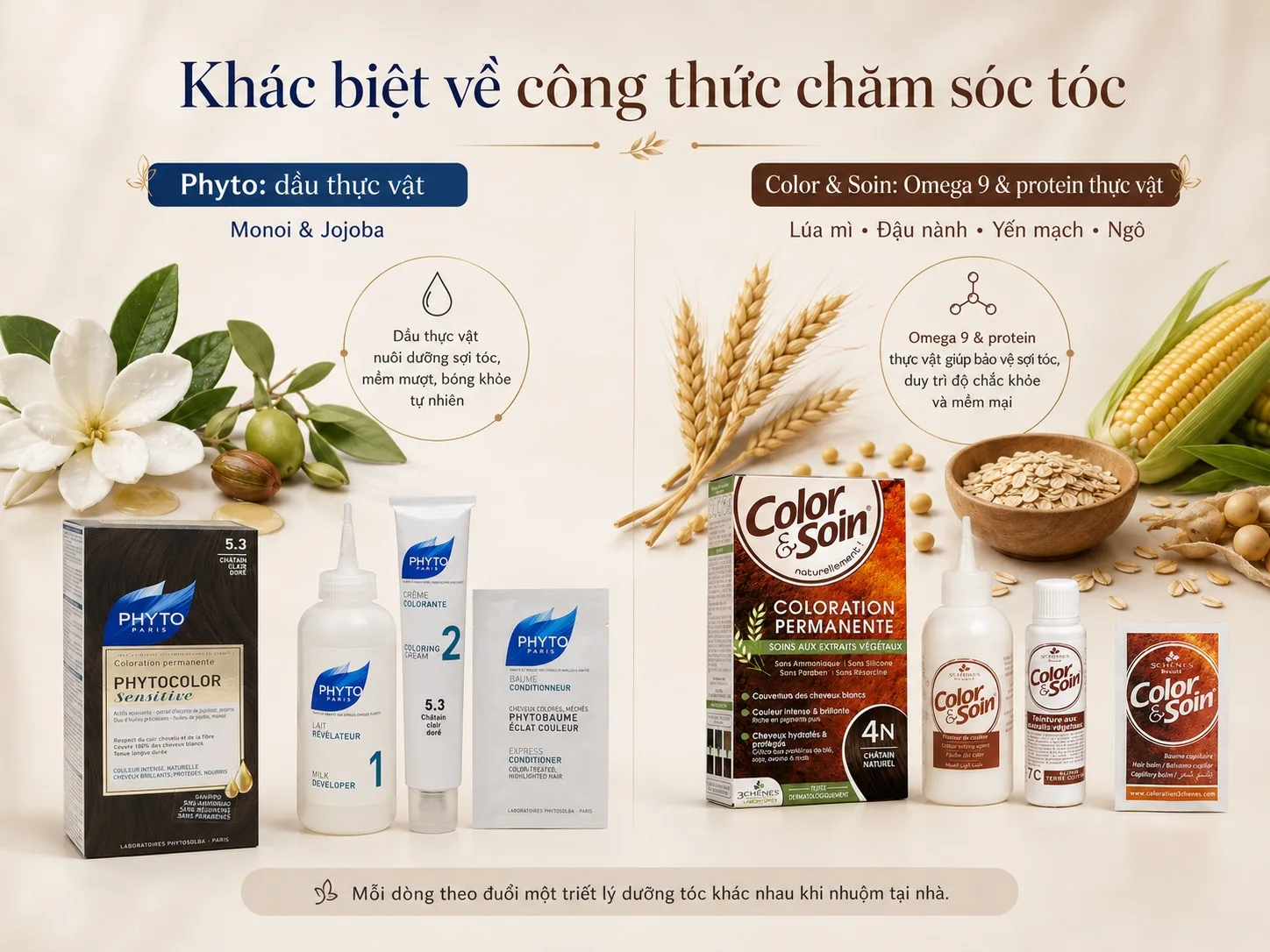 So sánh thành phần chăm sóc tóc trong Phyto và Color & Soin