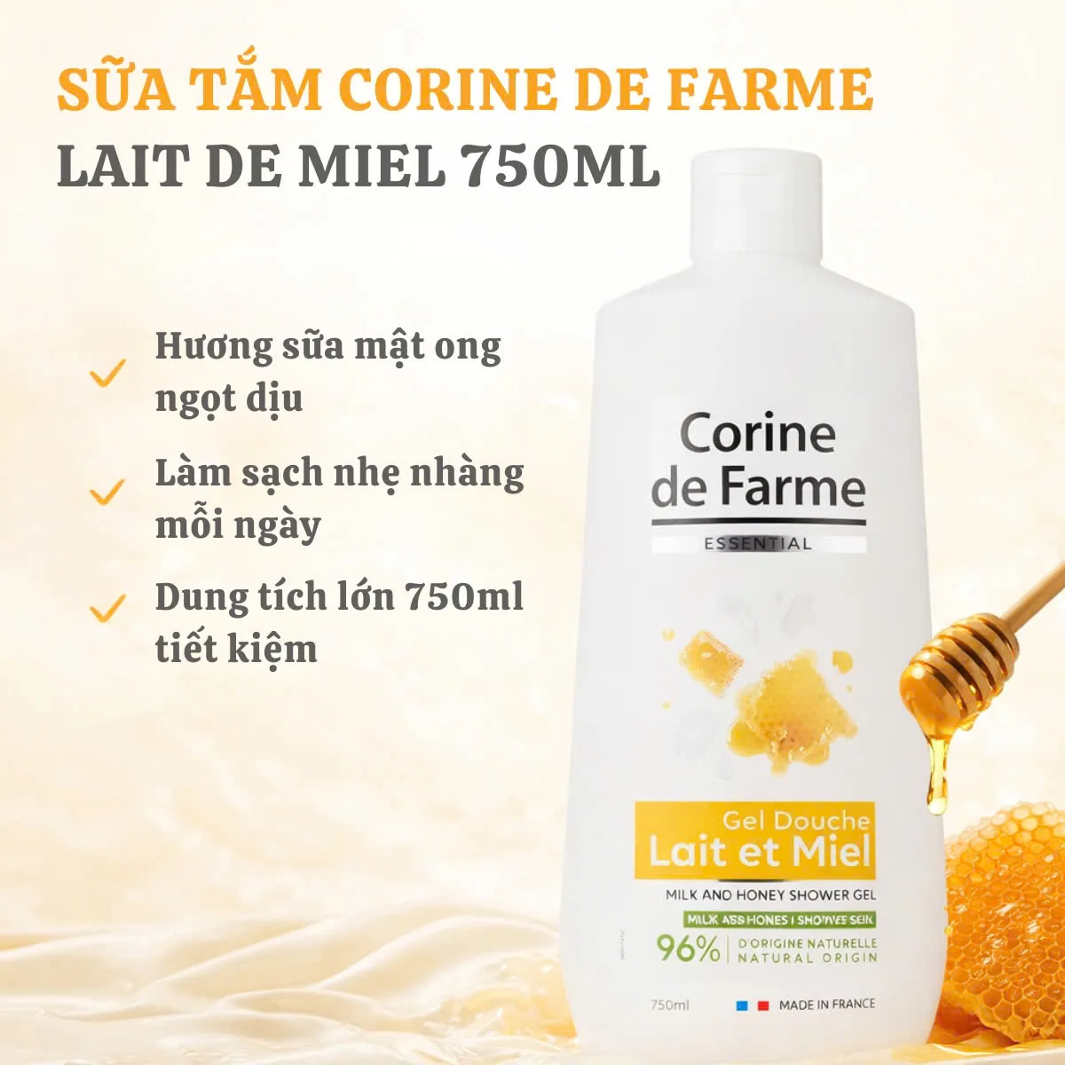 Corine de Farme Essential Milk and Honey 750ml Chính hãng