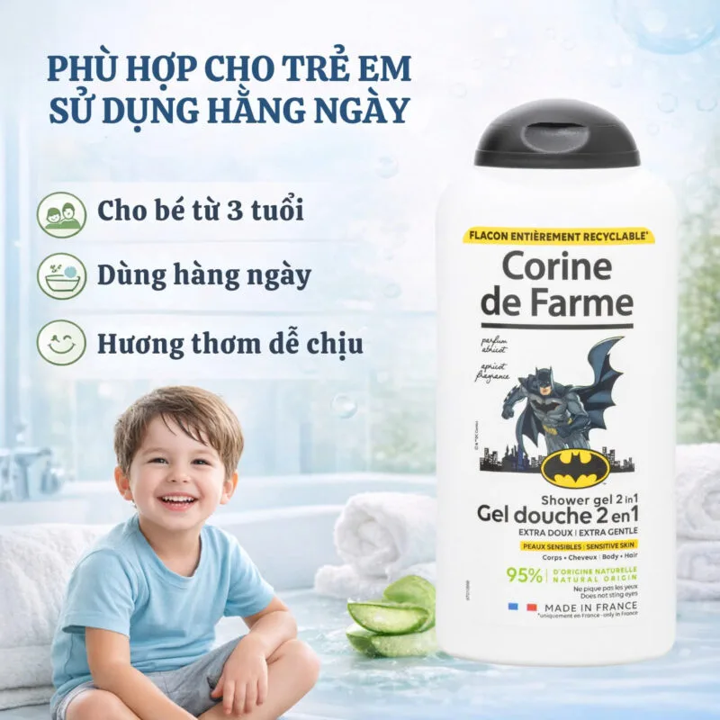 Sữa tắm gội 2 trong 1 Corine de Farme Batman cho bé trai từ 3 tuổi