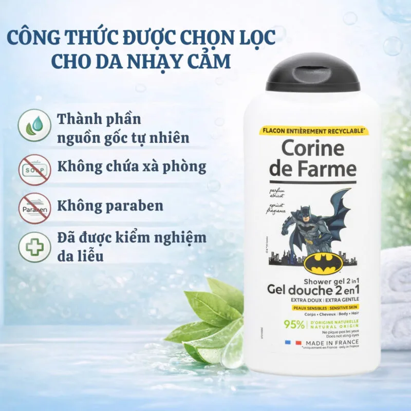 Sữa tắm gội 2 trong 1 Corine de Farme Batman thành phần 95% từ thiên nhiên