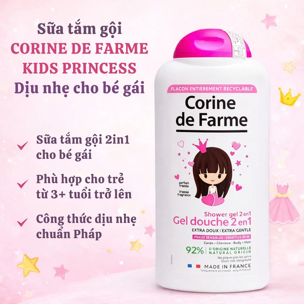 Sữa tắm gội 2 trong 1 Corine de Farme cho bé gái chính hãng