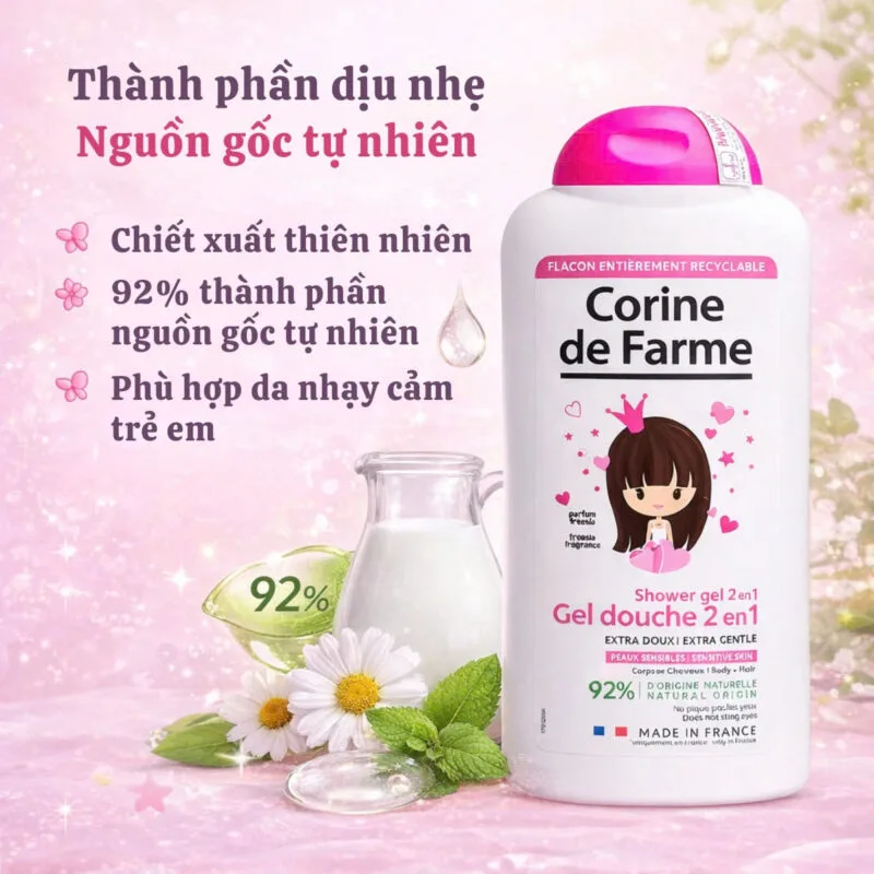 Sữa tắm gội 2 trong 1 Corine de Farme cho bé gái thành phân từ thiên nhiên