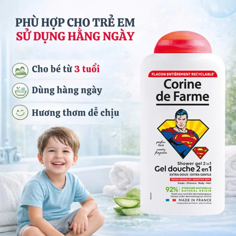 Công dụng Sữa tắm gội 2 trong 1 Corine de Farme cho bé trai từ 3 tuổi