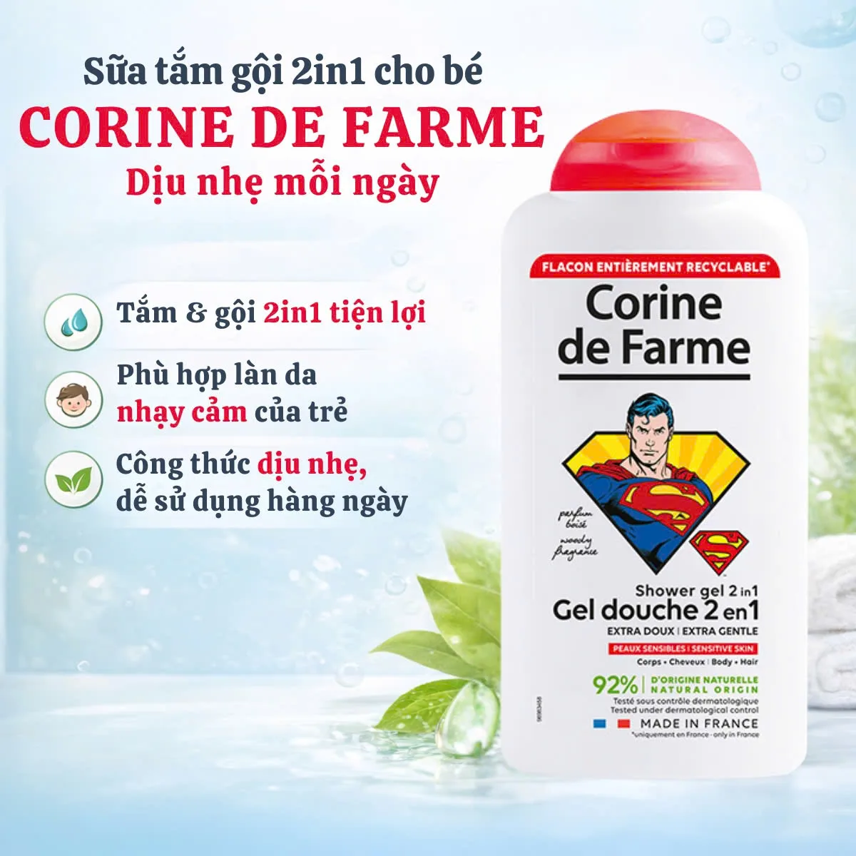 Công dụng Sữa tắm gội 2 trong 1 Corine de Farme Cho Bé trai