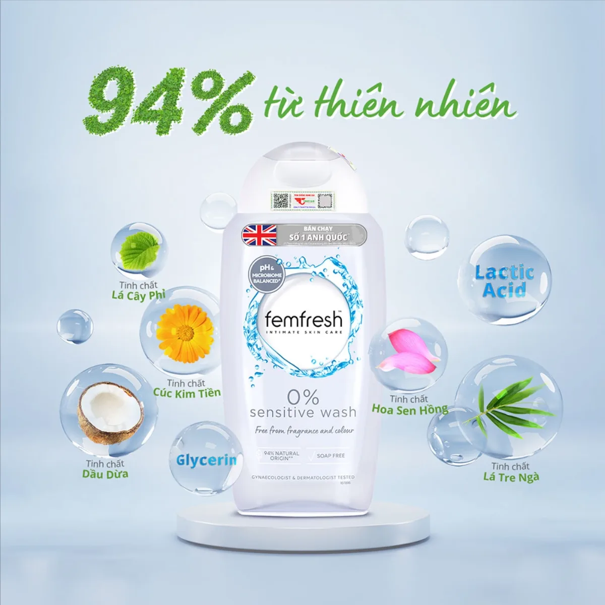 Thành phần Dung dịch vệ sinh phụ nữ Femfresh 0% Sensitive Wash, cho da nhạy cảm