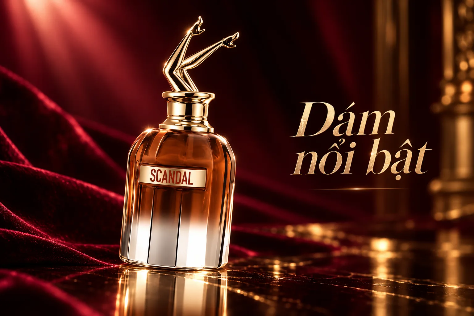 Thiết kế chai Jean Paul Gaultier Scandal Elixir với đôi chân vàng biểu tượng. Thiết kế chai Jean Paul Gaultier Scandal Elixir với đôi chân vàng biểu tượng.