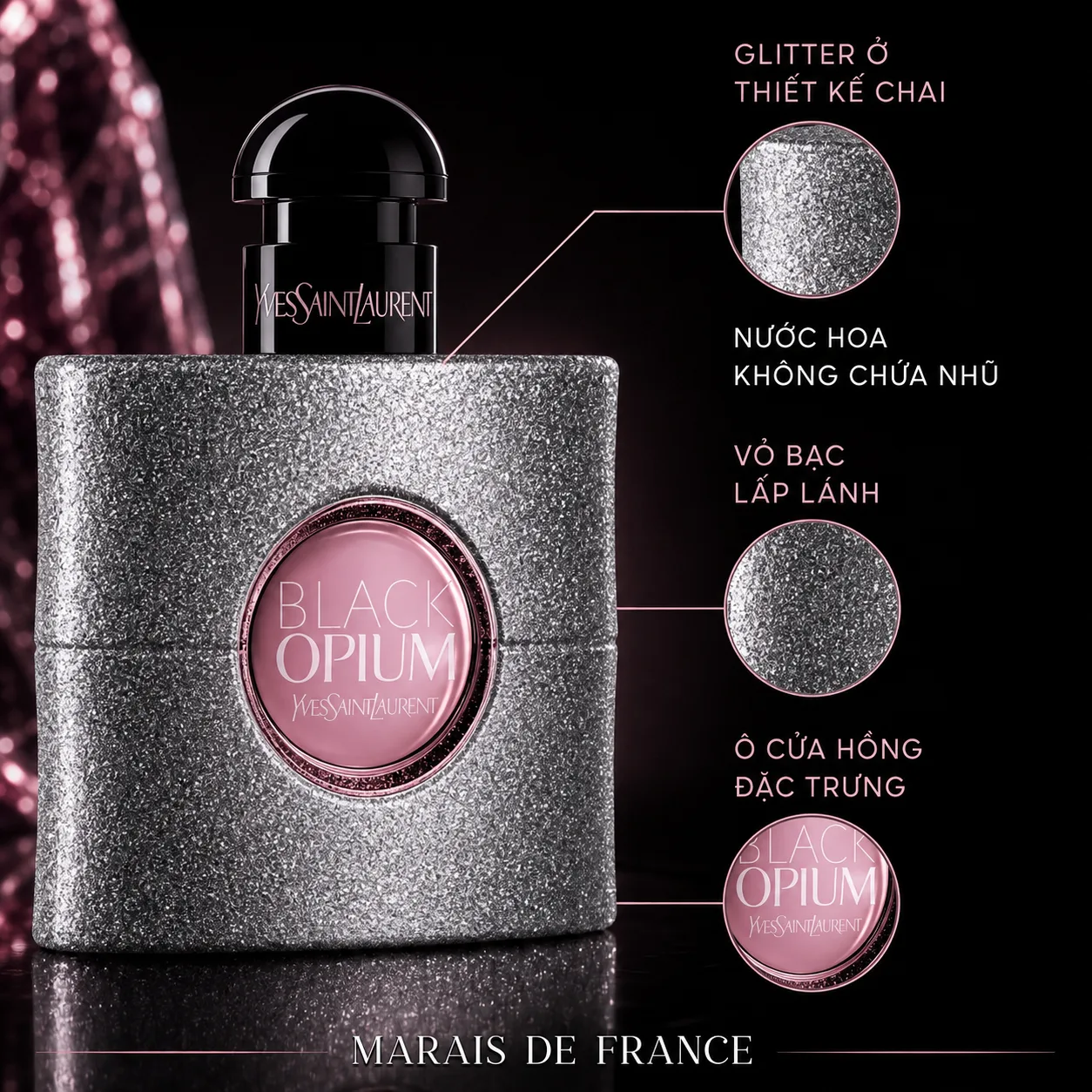 Thiết kế chai YSL Black Opium Glitter màu bạc với ô cửa tròn màu hồng