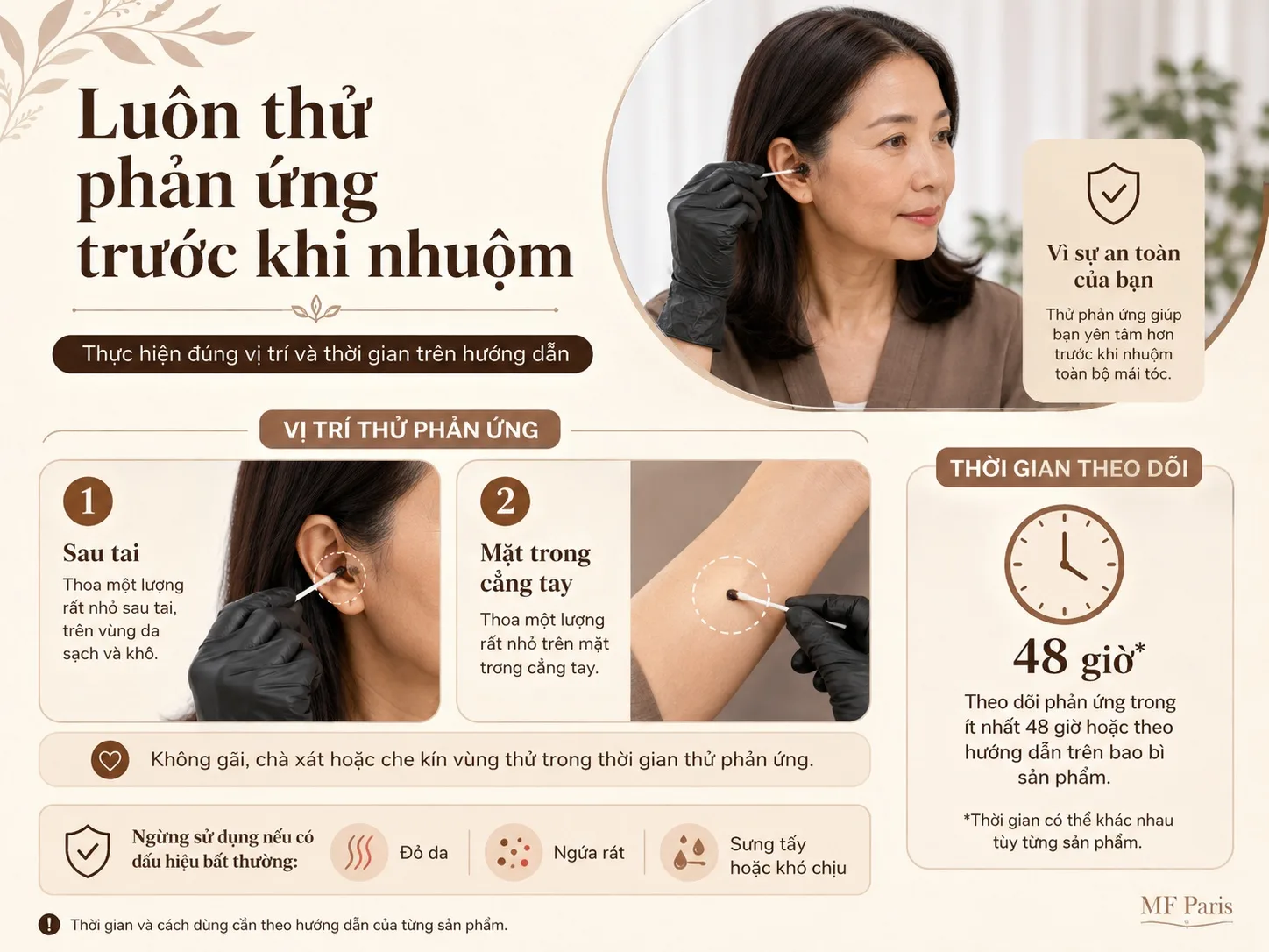 Minh họa thử phản ứng trên da trước khi dùng thuốc nhuộm tóc