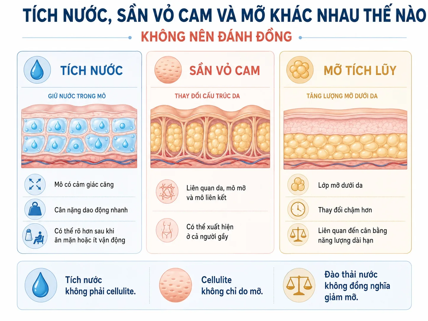 Phân biệt tích nước sần vỏ cam và mỡ tích lũy dưới da