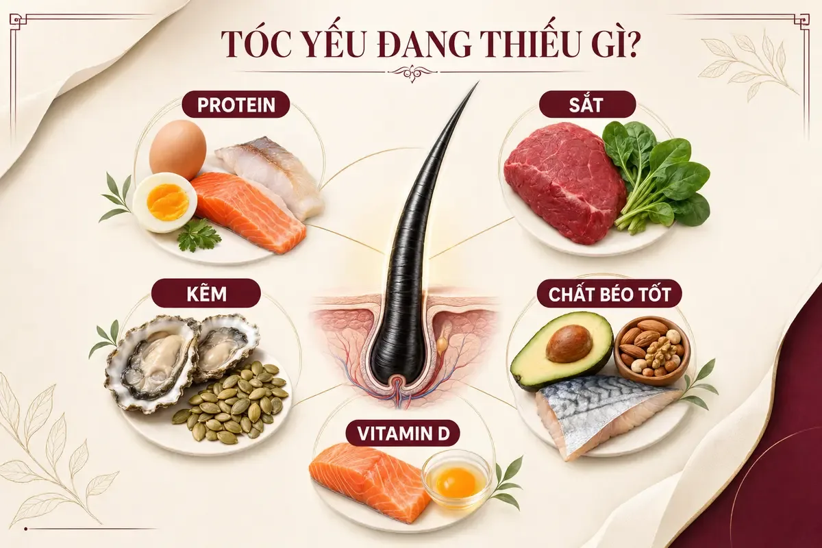 Bản đồ các dưỡng chất quan trọng cho tóc gồm protein, sắt, kẽm, biotin và vitamin D