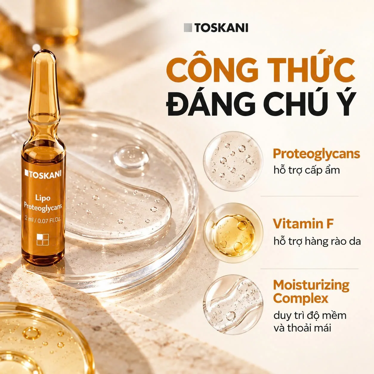 Thành phần proteoglycan và vitamin F trong tinh chất Toskani