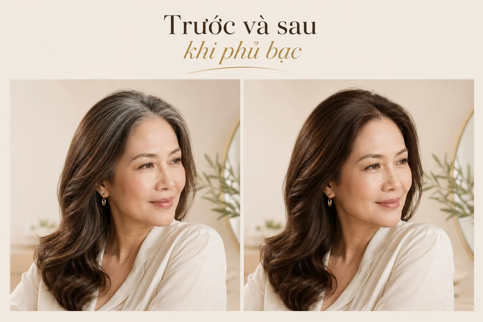 So sánh chân tóc bạc trước và sau khi nhuộm phủ bằng màu nâu hạt dẻ tự nhiên