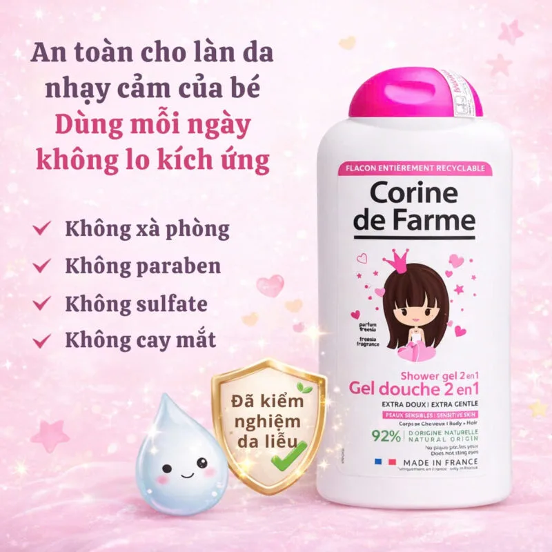 Ưu điểm Sữa tắm gội 2 trong 1 Corine de Farme cho bé gái từ 3 tuổi