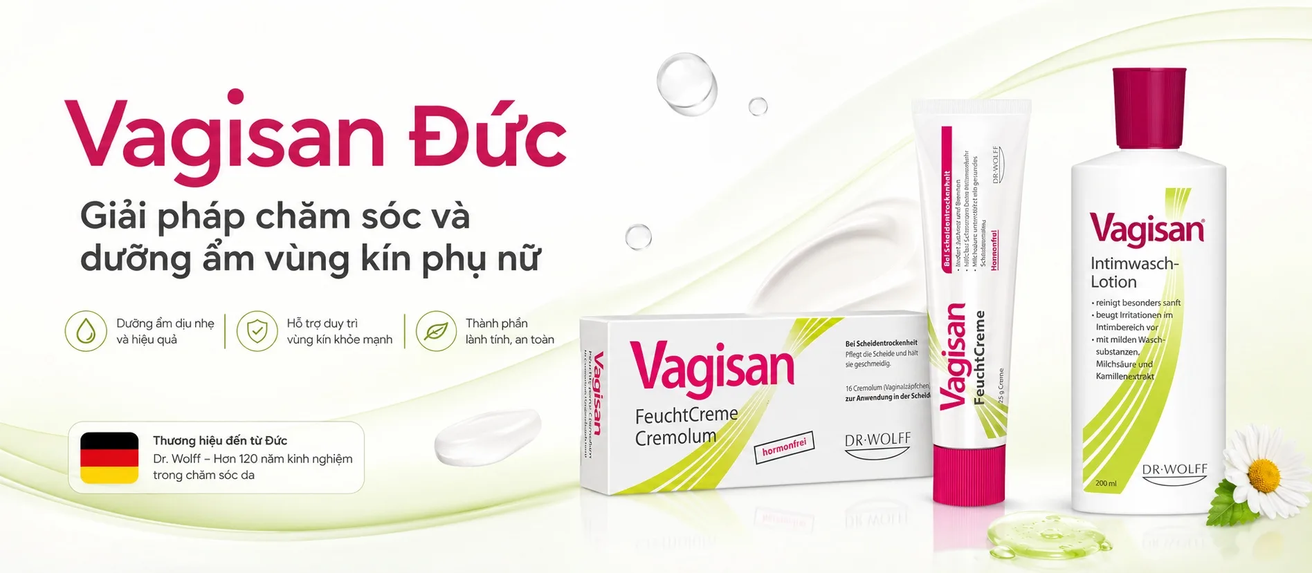 Các sản phẩm Vagisan Đức chăm sóc và dưỡng ẩm vùng kín phụ nữ