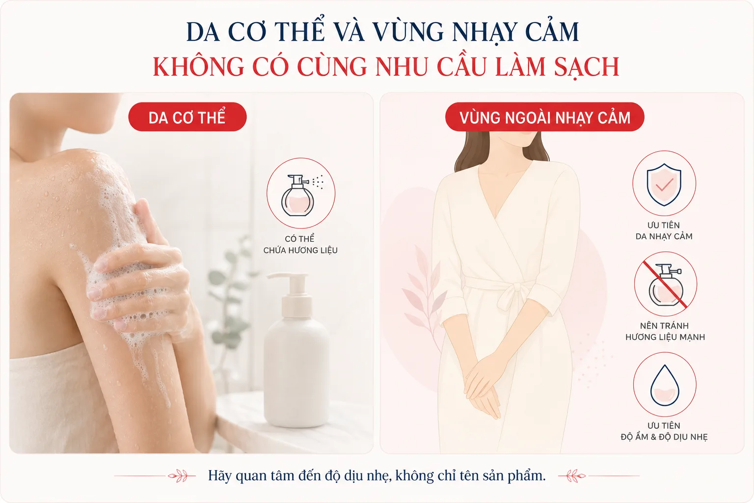 Sự khác nhau giữa nhu cầu làm sạch da cơ thể và vùng ngoài nhạy cảm khi sử dụng sữa tắm