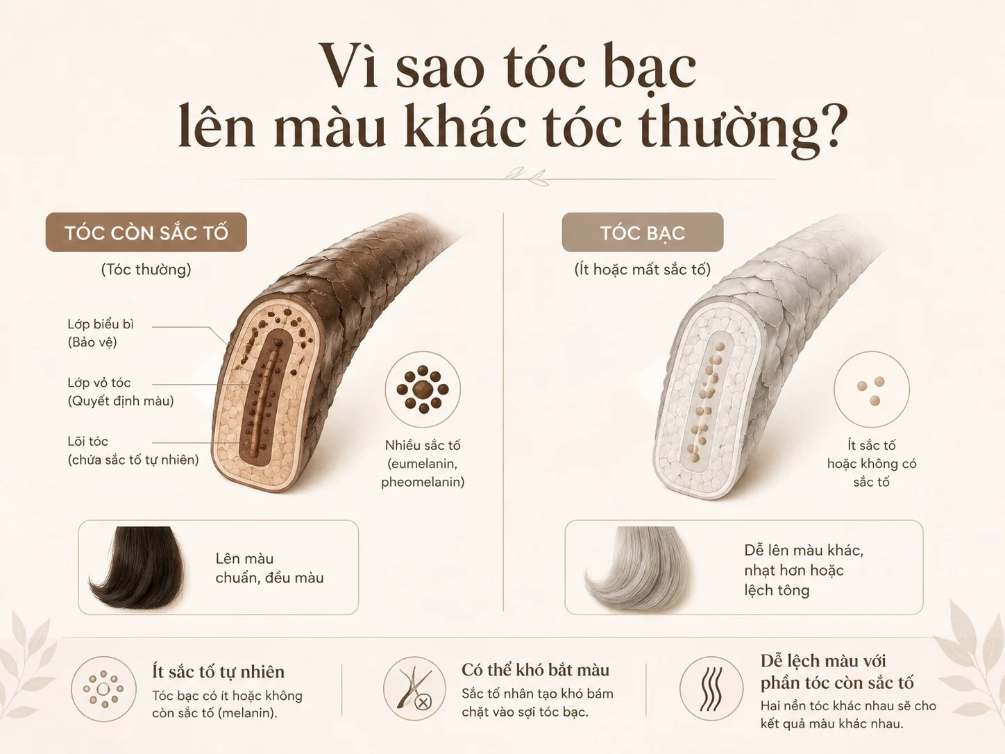 Infographic giải thích vì sao tóc bạc có thể lên màu khác tóc còn sắc tố