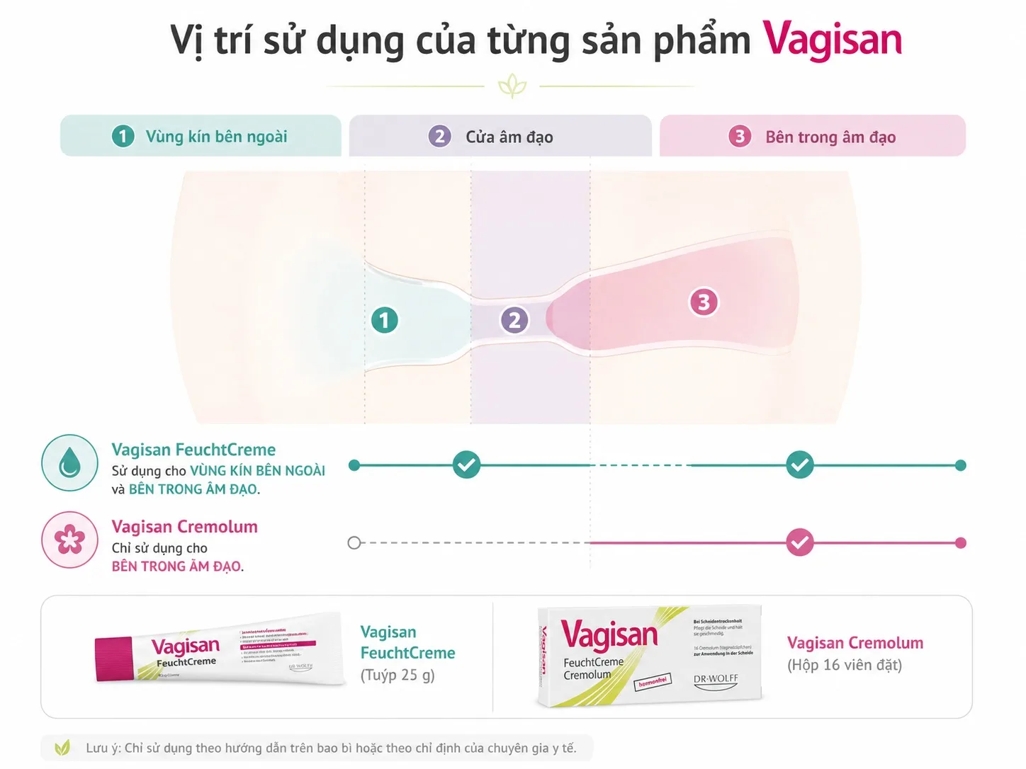 Vị trí sử dụng Vagisan FeuchtCreme và Vagisan Cremolum