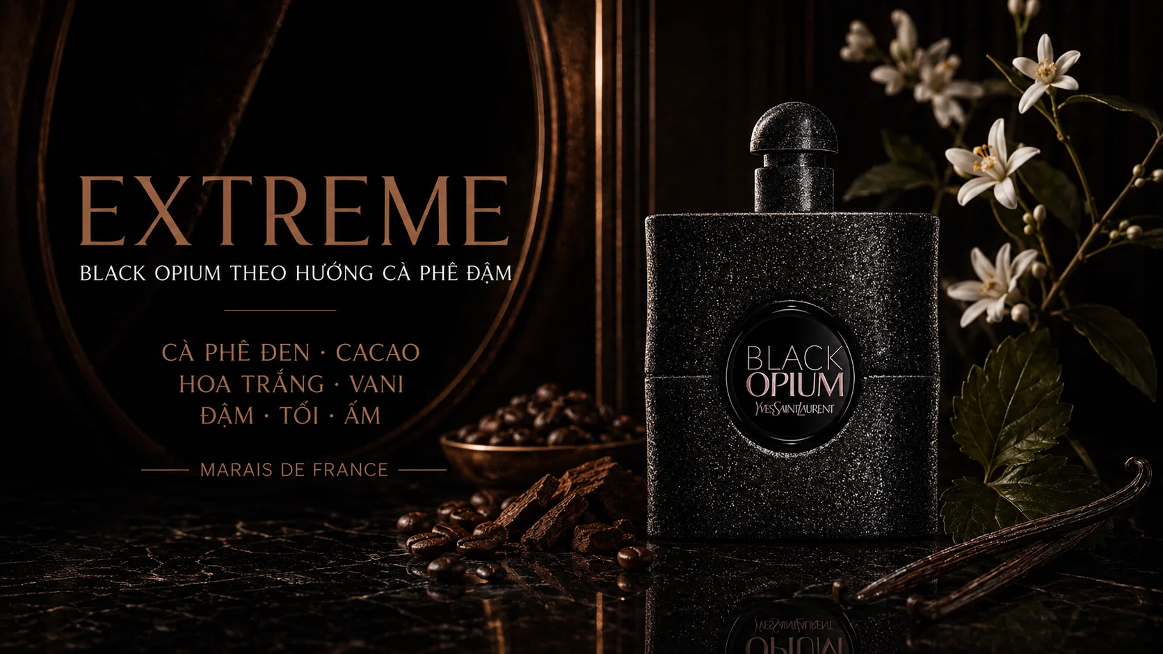 Chai YSL Black Opium Extreme màu đen cùng cà phê, cacao và vani