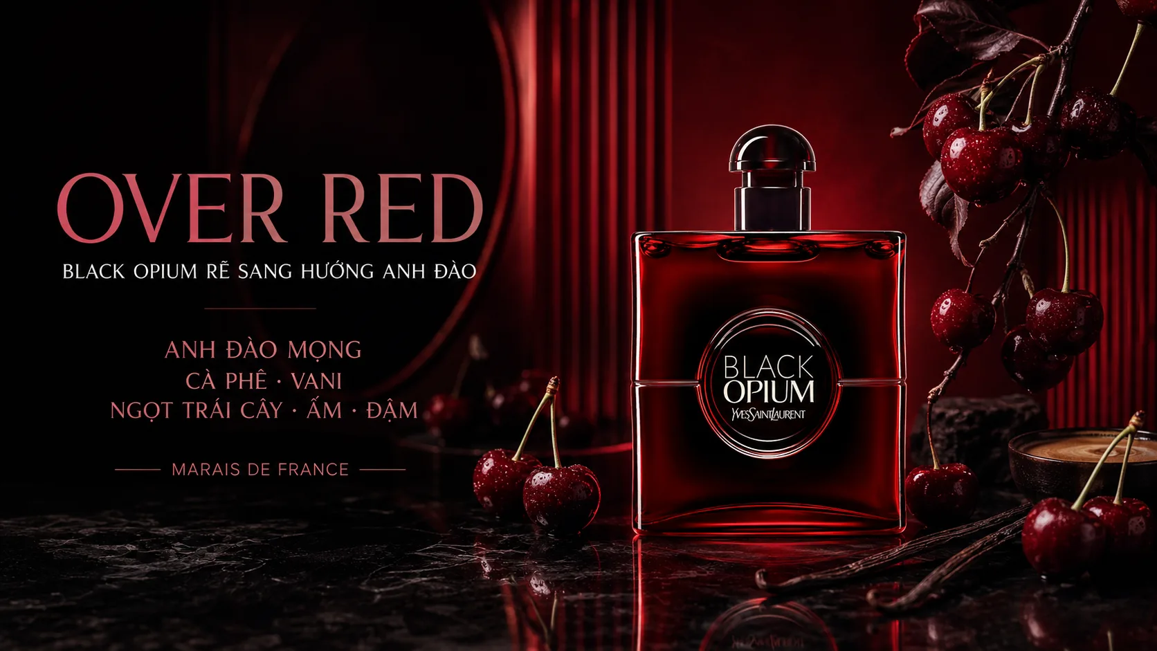 Chai YSL Black Opium Over Red cùng anh đào, cà phê và vani